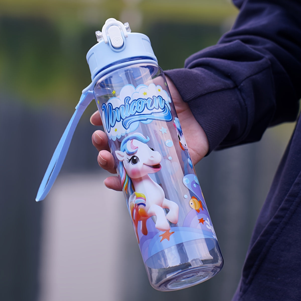 1 PC 26OZ Colorful Pony Themed Water Bottle - Leakproof Portable Bottle for Camping, Travel, Fitness - Cute Cartoon Design, Blue Plastic, Washable, No Assembly Required, Perfect for Outdoor Use and Holiday Gifts (Christmas, Halloween, Easter)