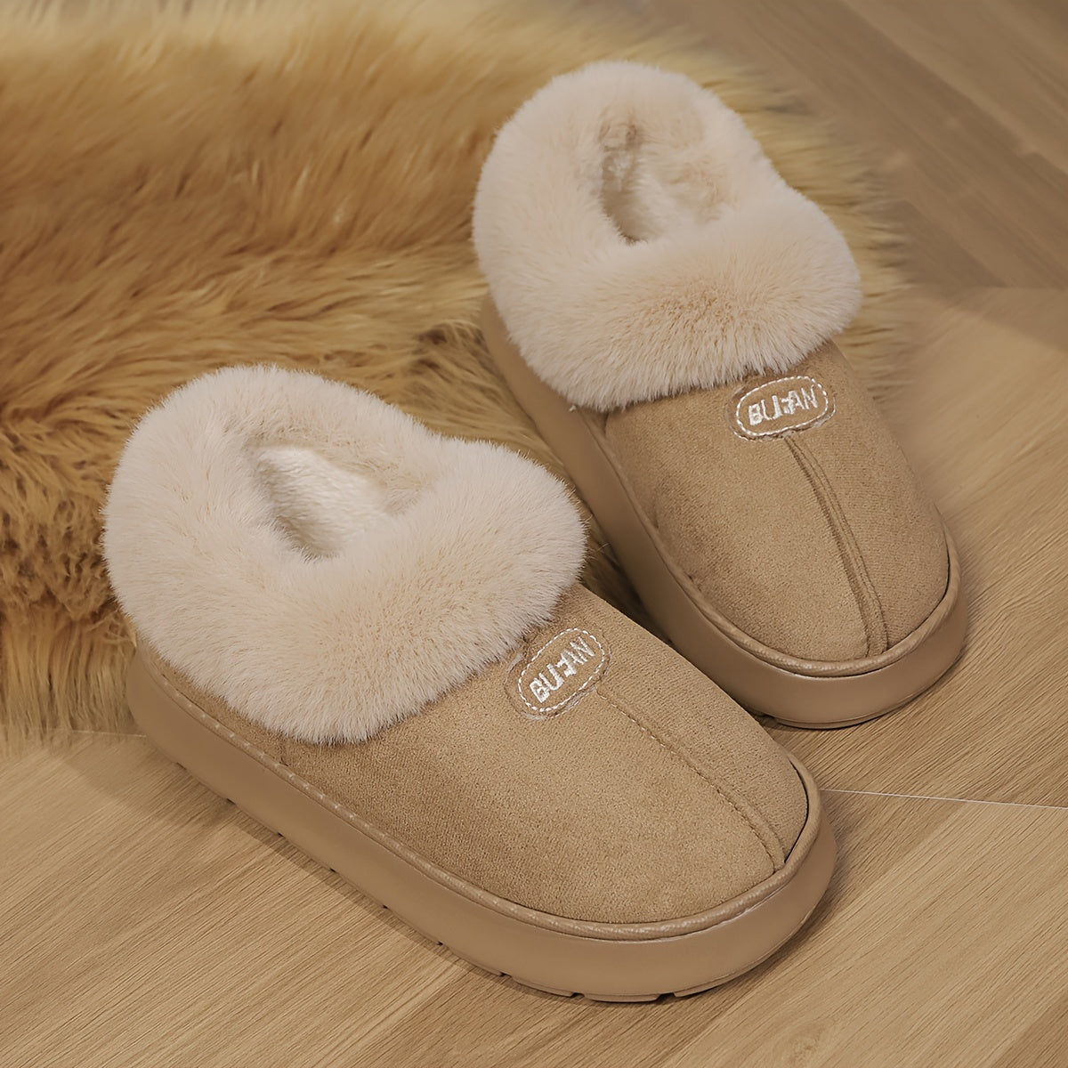 1 Pair Cozy Unisex Cotton Slippers - Indoor/Outdoor Slip-On House Shoes with Faux Fur Trim, Round Toe, Fabric Upper/Lining/Insole, EVA Sole - Casual, Warm, All-Season Footwear