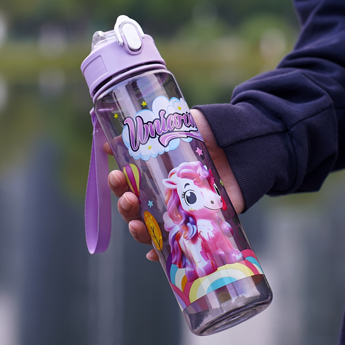 1 PC 26OZ Colorful Pony Themed Water Bottle - Leakproof Portable Bottle for Camping, Travel, Fitness - Cute Cartoon Design, Blue Plastic, Washable, No Assembly Required, Perfect for Outdoor Use and Holiday Gifts (Christmas, Halloween, Easter)