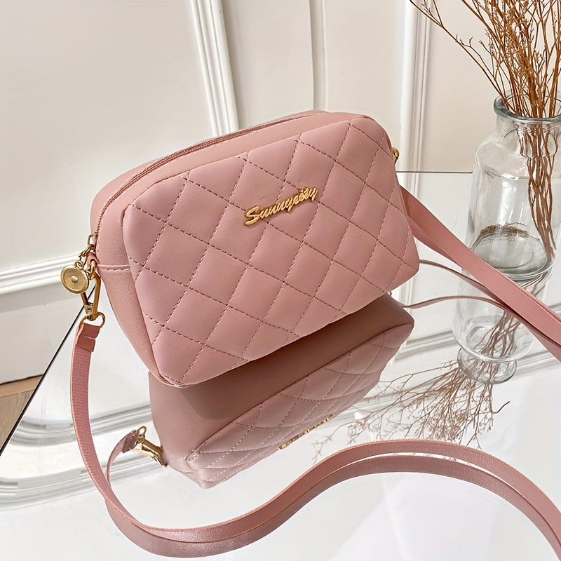 #228 Embroidery# Diamond Quilted Zipper Square Bag, Metal Letter Decoration Shoulder Bag, Fashionable Women'S Messenger Bag, Camera Leisure (20*6*12) Cm
