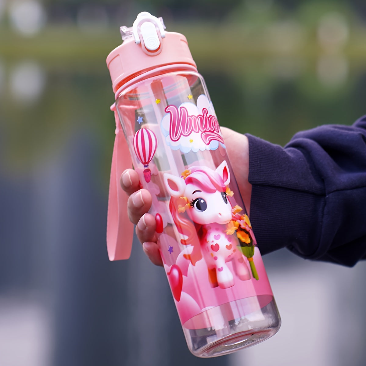 1 PC 26OZ Colorful Pony Themed Water Bottle - Leakproof Portable Bottle for Camping, Travel, Fitness - Cute Cartoon Design, Blue Plastic, Washable, No Assembly Required, Perfect for Outdoor Use and Holiday Gifts (Christmas, Halloween, Easter)