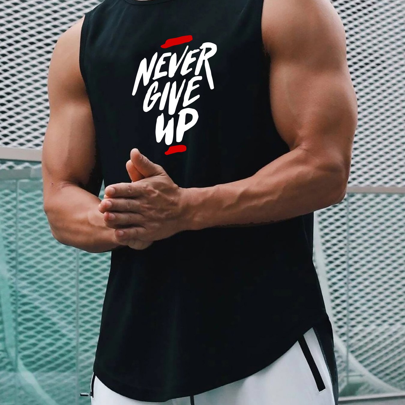 "Never Give Up" Print Comfy Breathable Tank Top, Men's Casual Stretch Sleeveless T-shirt For Summer Gym Workout Training Basketball