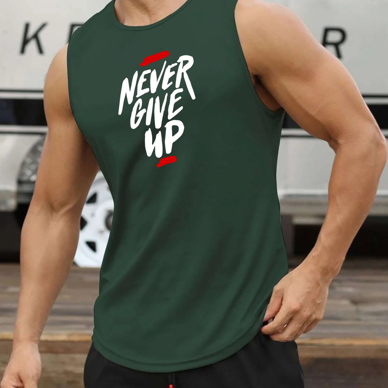"Never Give Up" Print Comfy Breathable Tank Top, Men's Casual Stretch Sleeveless T-shirt For Summer Gym Workout Training Basketball