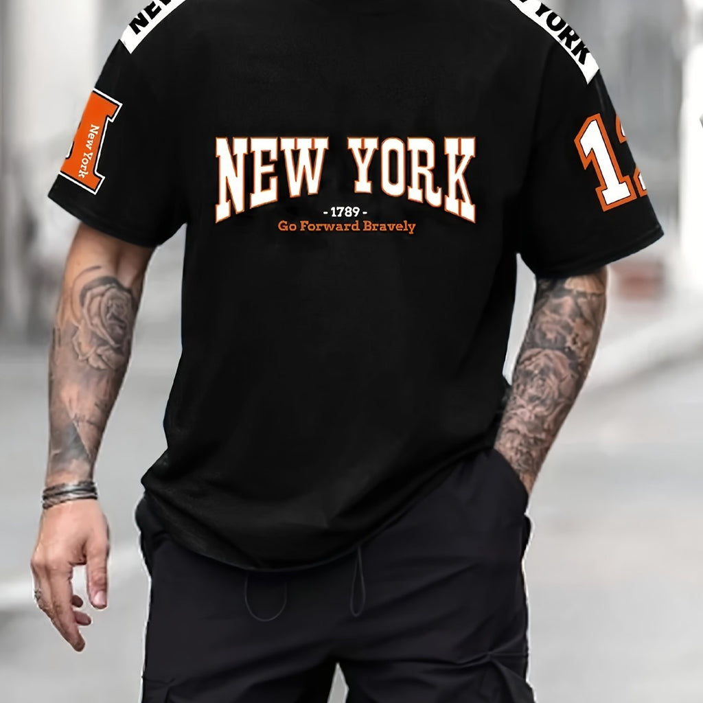 "New York" Pattern T-shirt For Men, Casual Short Sleeve Top, Men's Novelty Tee For Summer Daily Wear
