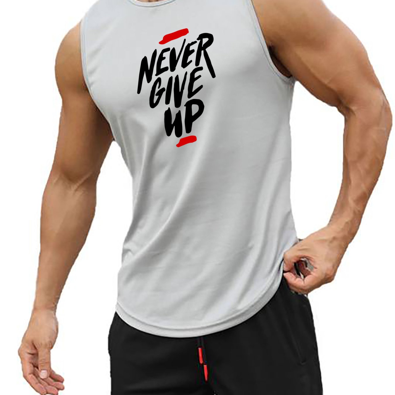 "Never Give Up" Print Comfy Breathable Tank Top, Men's Casual Stretch Sleeveless T-shirt For Summer Gym Workout Training Basketball