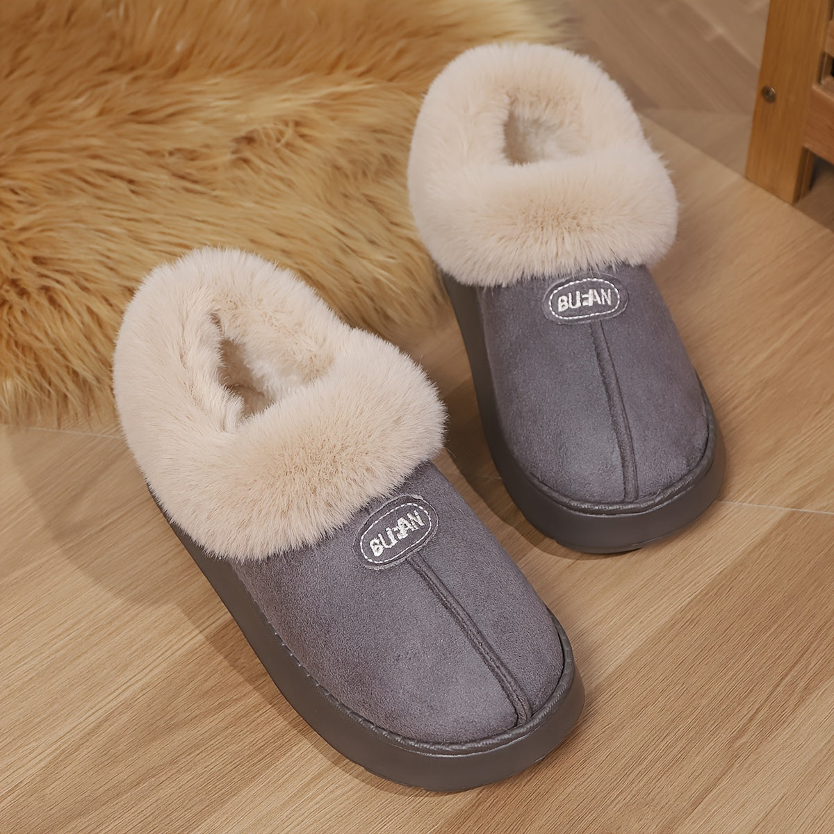 1 Pair Cozy Unisex Cotton Slippers - Indoor/Outdoor Slip-On House Shoes with Faux Fur Trim, Round Toe, Fabric Upper/Lining/Insole, EVA Sole - Casual, Warm, All-Season Footwear