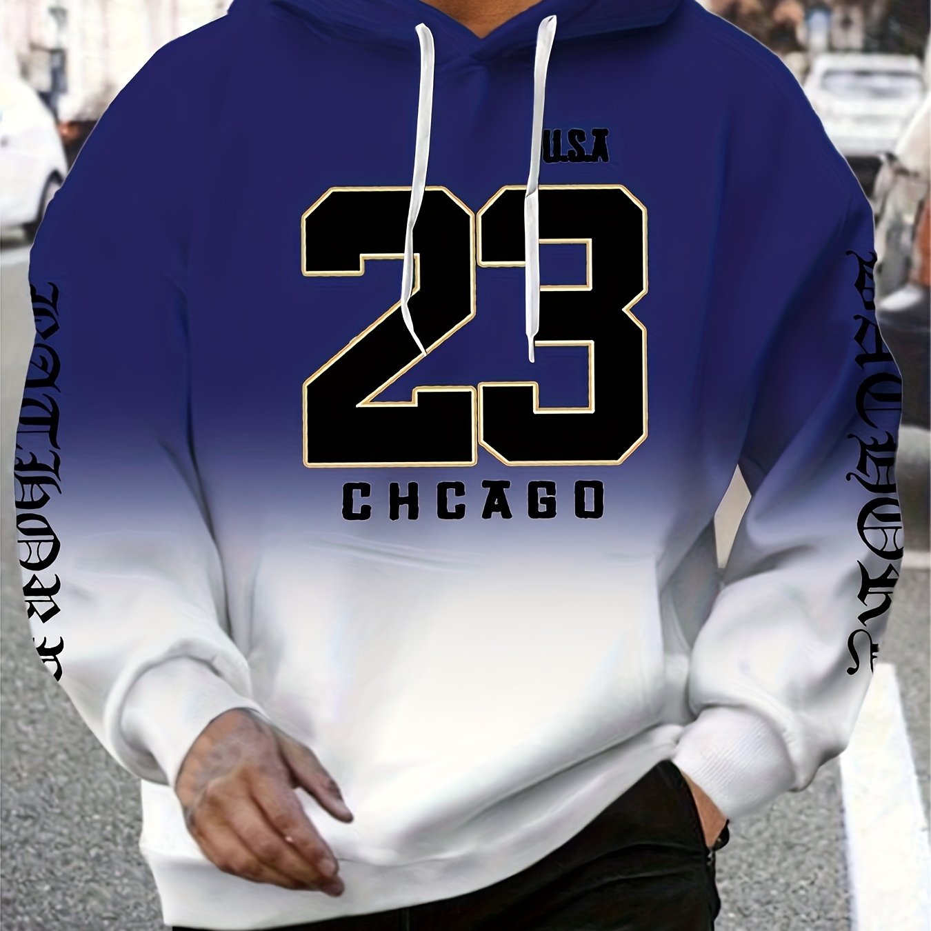 "CHICAGO #58.42cm Print Men's Gradient Hooded Sweatshirt With Kangaroo Pocket, Casual Pullover Tops For Spring Autumn