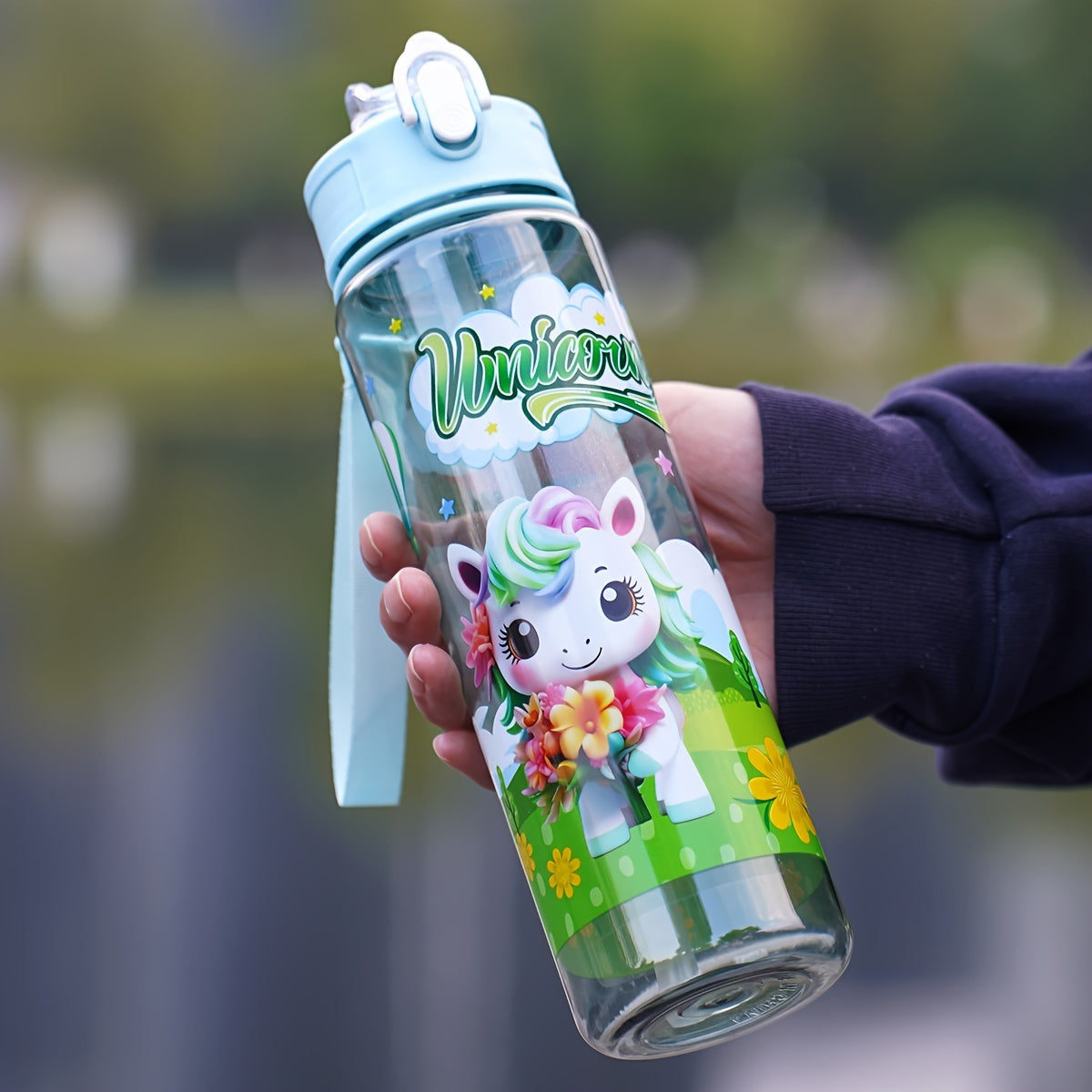 1 PC 26OZ Colorful Pony Themed Water Bottle - Leakproof Portable Bottle for Camping, Travel, Fitness - Cute Cartoon Design, Blue Plastic, Washable, No Assembly Required, Perfect for Outdoor Use and Holiday Gifts (Christmas, Halloween, Easter)