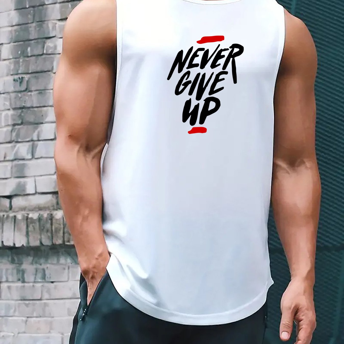 "Never Give Up" Print Comfy Breathable Tank Top, Men's Casual Stretch Sleeveless T-shirt For Summer Gym Workout Training Basketball