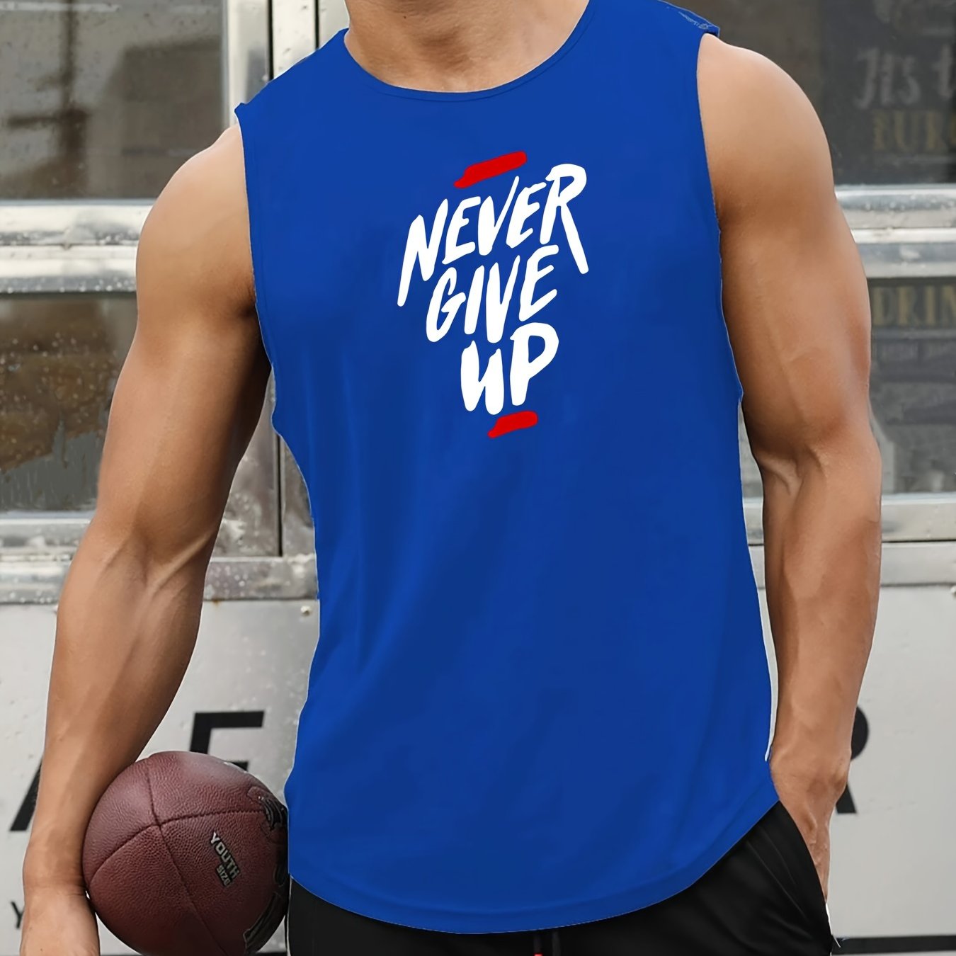 "Never Give Up" Print Comfy Breathable Tank Top, Men's Casual Stretch Sleeveless T-shirt For Summer Gym Workout Training Basketball