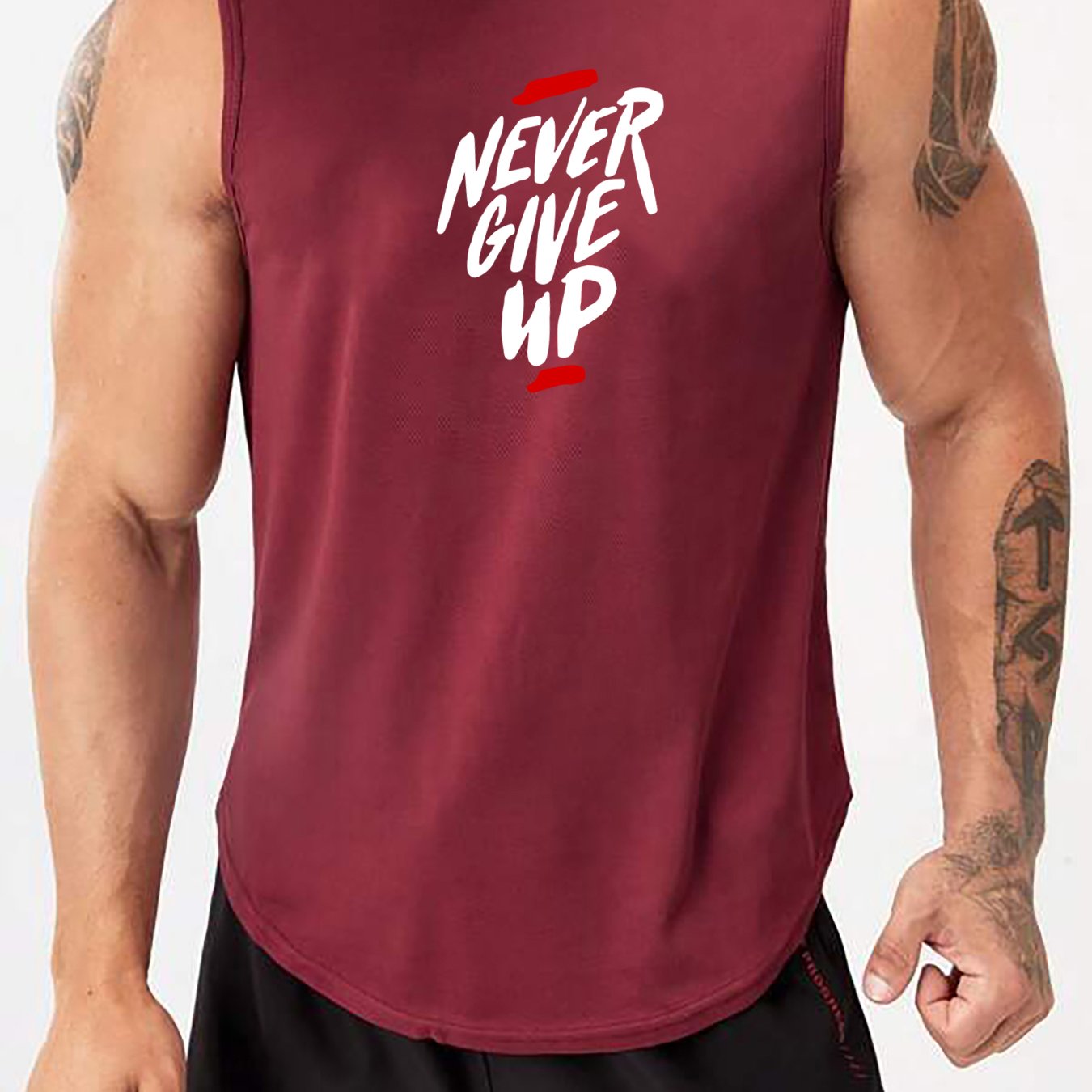 "Never Give Up" Print Comfy Breathable Tank Top, Men's Casual Stretch Sleeveless T-shirt For Summer Gym Workout Training Basketball