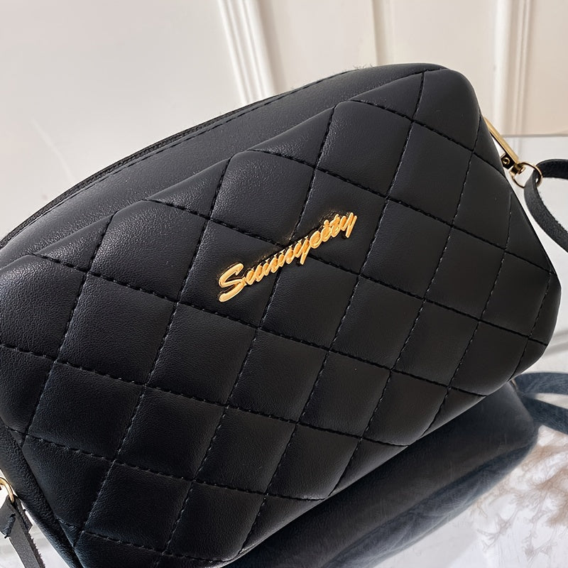 #228 Embroidery# Diamond Quilted Zipper Square Bag, Metal Letter Decoration Shoulder Bag, Fashionable Women'S Messenger Bag, Camera Leisure (20*6*12) Cm